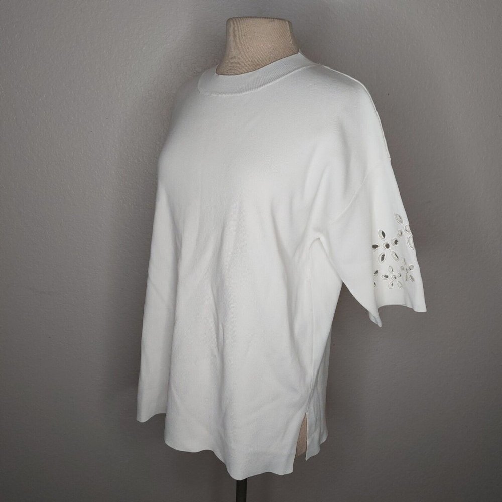 Zara Womens Top Medium Ribbed Short Sleeve Embroidered Flower Sleeves Ivory - Picture 2 of 16